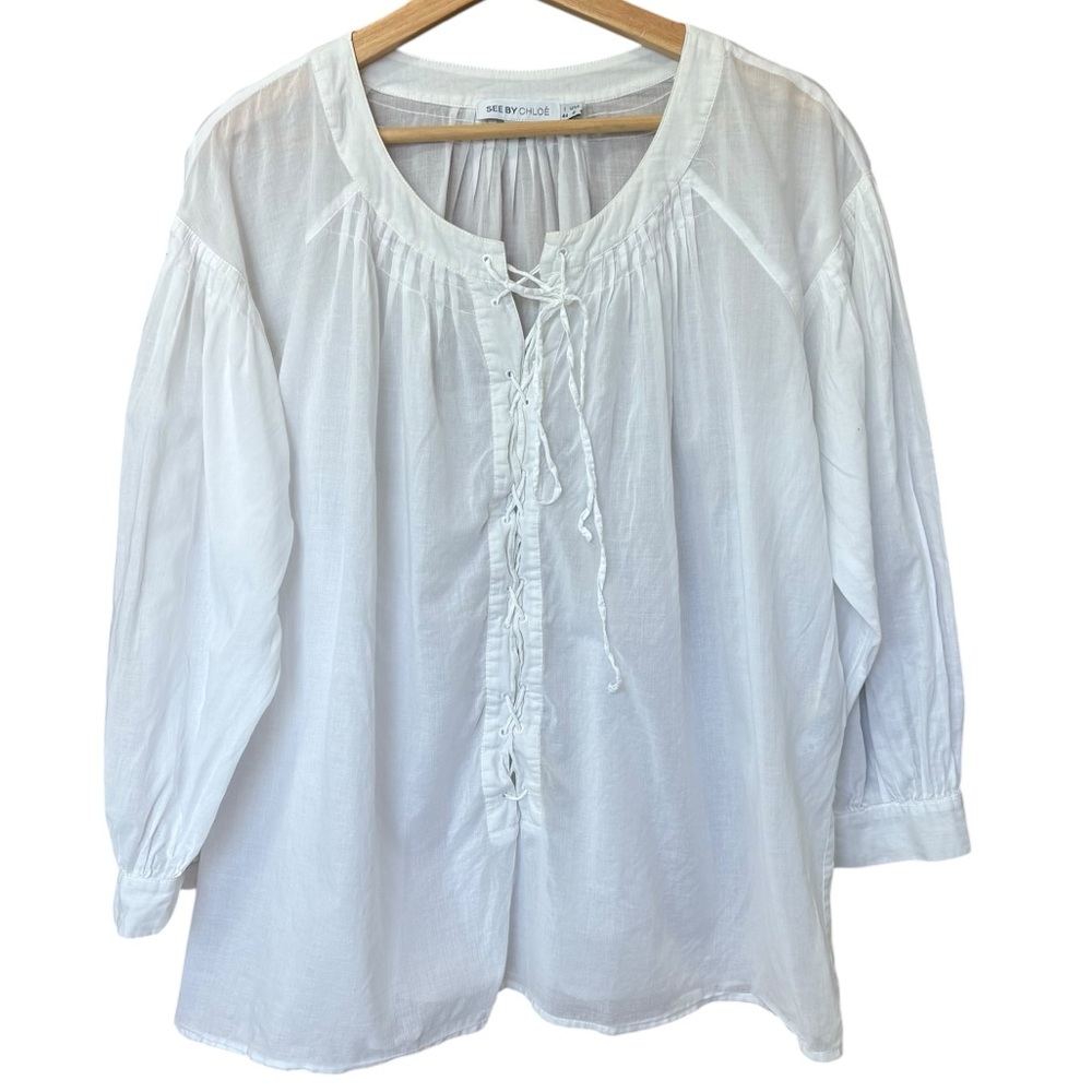 See by Chloe White Bohemian Tunic Semi Sheer Lace up Closure Front Size 4
